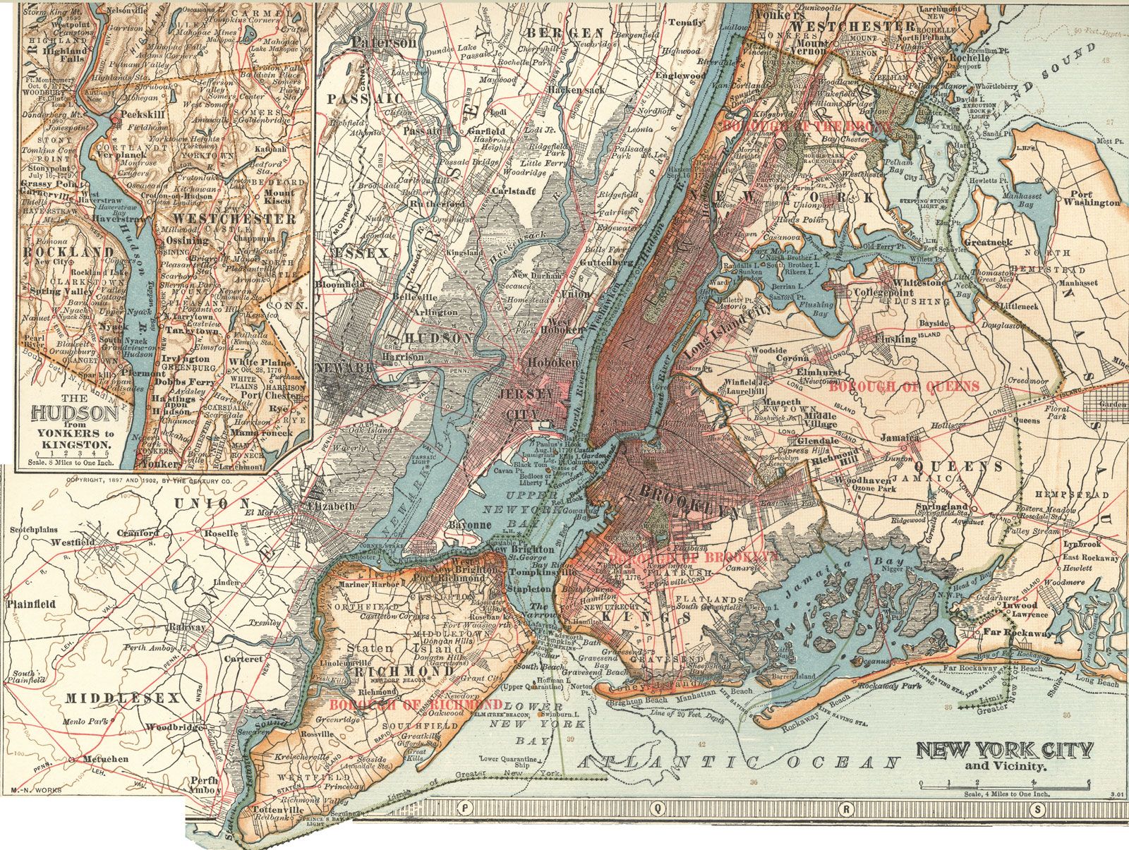 Historic map of New York City and vicinity, showing Manhattan, Brooklyn, Queens, Staten Island, the Bronx, and surrounding areas.